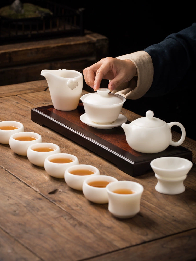 Chen Qingyi's handmade mutton fat jade warm jade tea set